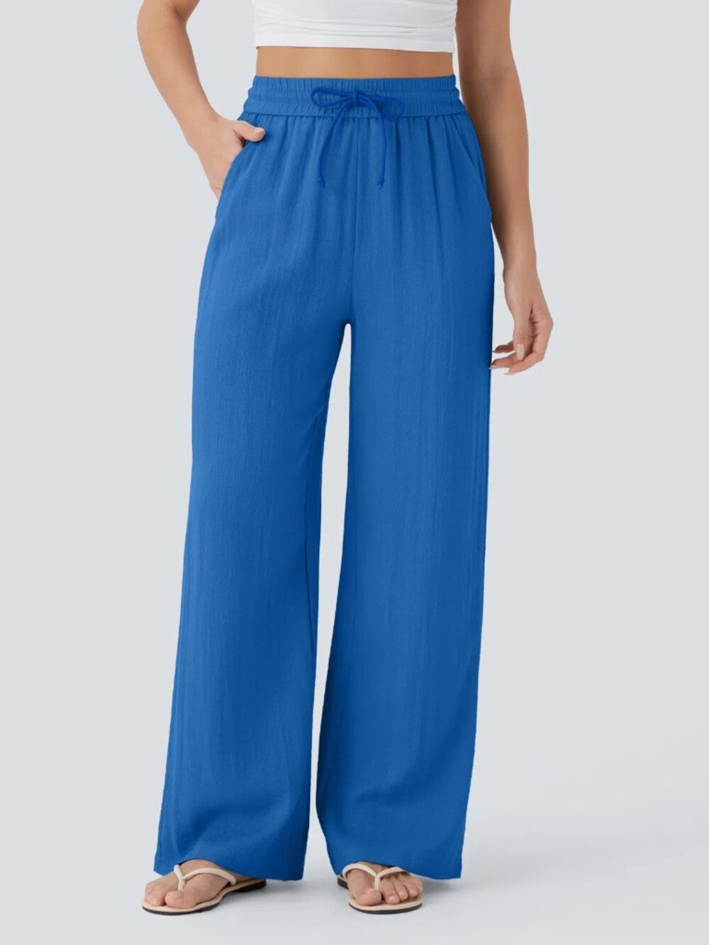 Halara High Waisted Drawstring Pocket Wide Leg Casual Pants Blue